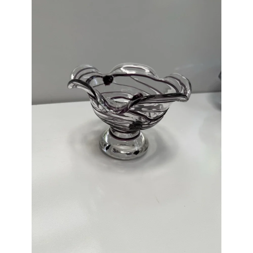 Vintage Art Glass Pedestal Bowl Purple Swirls Marked 